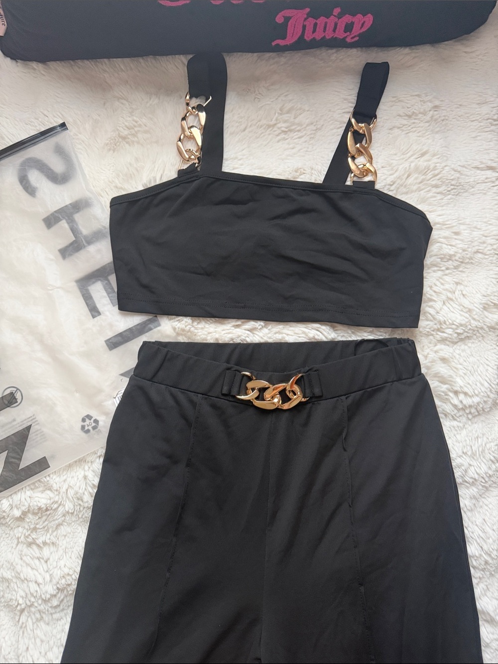 Black Chain-Accent Top & High-Waist Pants